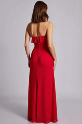 Red Prom Dress Ruffled Strapless A Line Chiffon Long Formal Dress